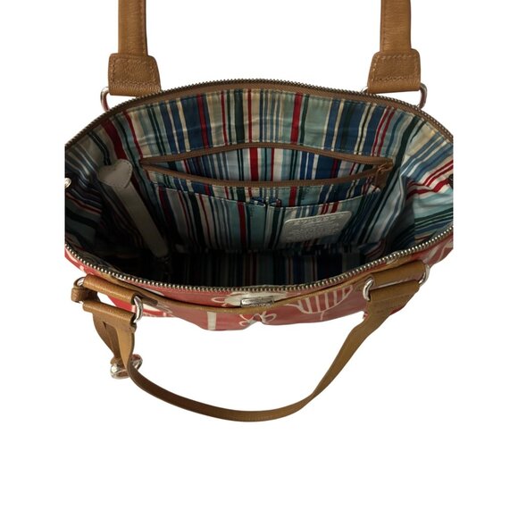 Brighton Red Floral Tote Bag With Tan Handles & Striped Interior Charm Heart - Picture 5 of 16